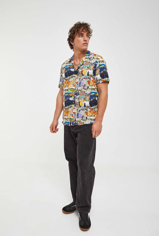Camisa hawaiana azul de comic van gogh