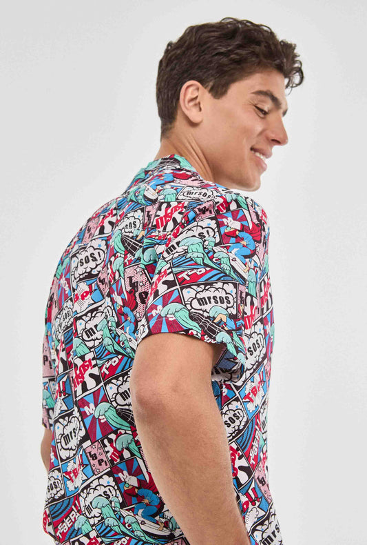Camisa hawaiana azul de comics