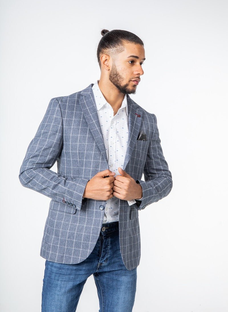 Americana gris de cuadros con botón en forma de rosaAmericanasMGris