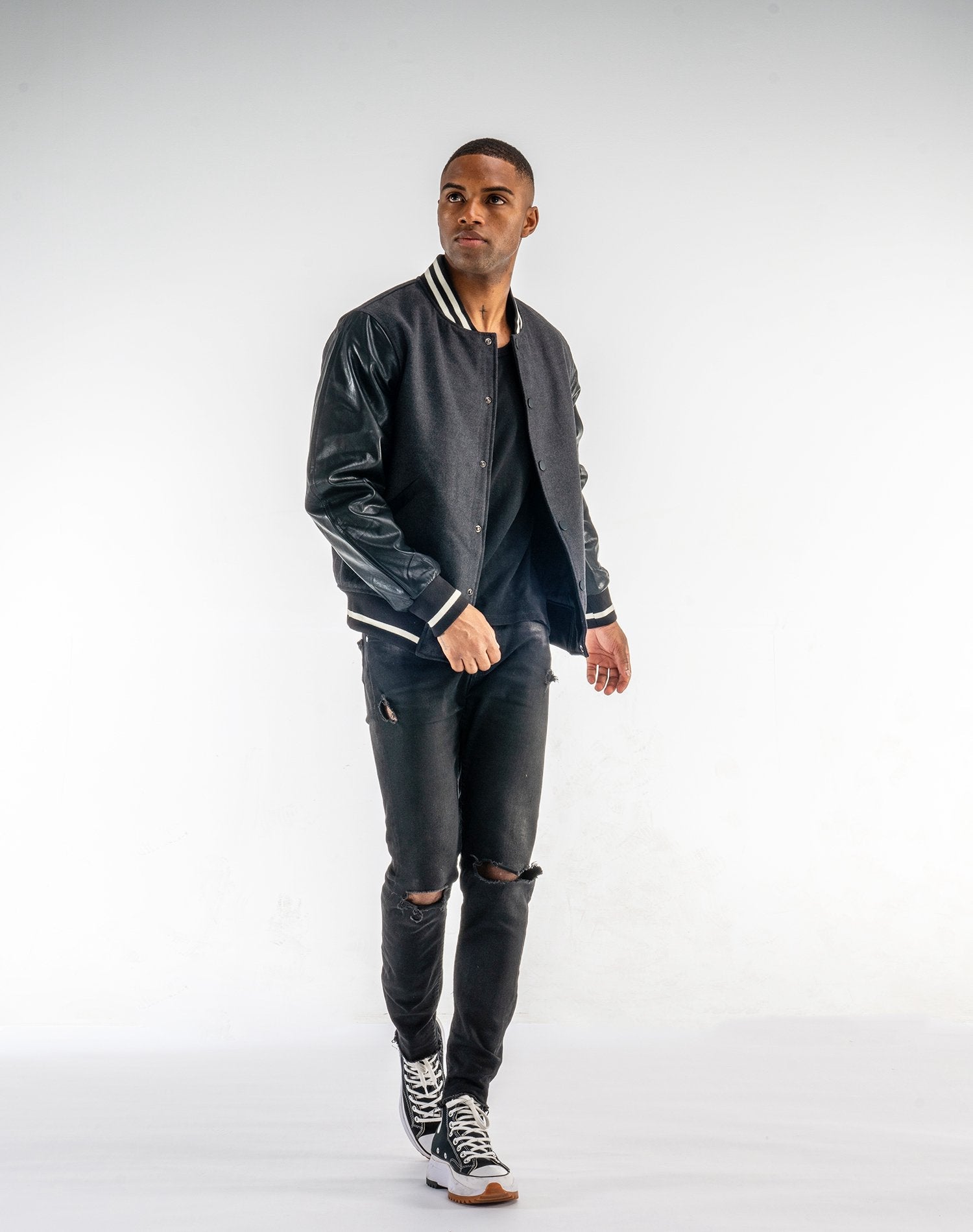 Chaqueta bomber de paño con manga de polipiel para hombreAbrigos / ChaquetasGrisS