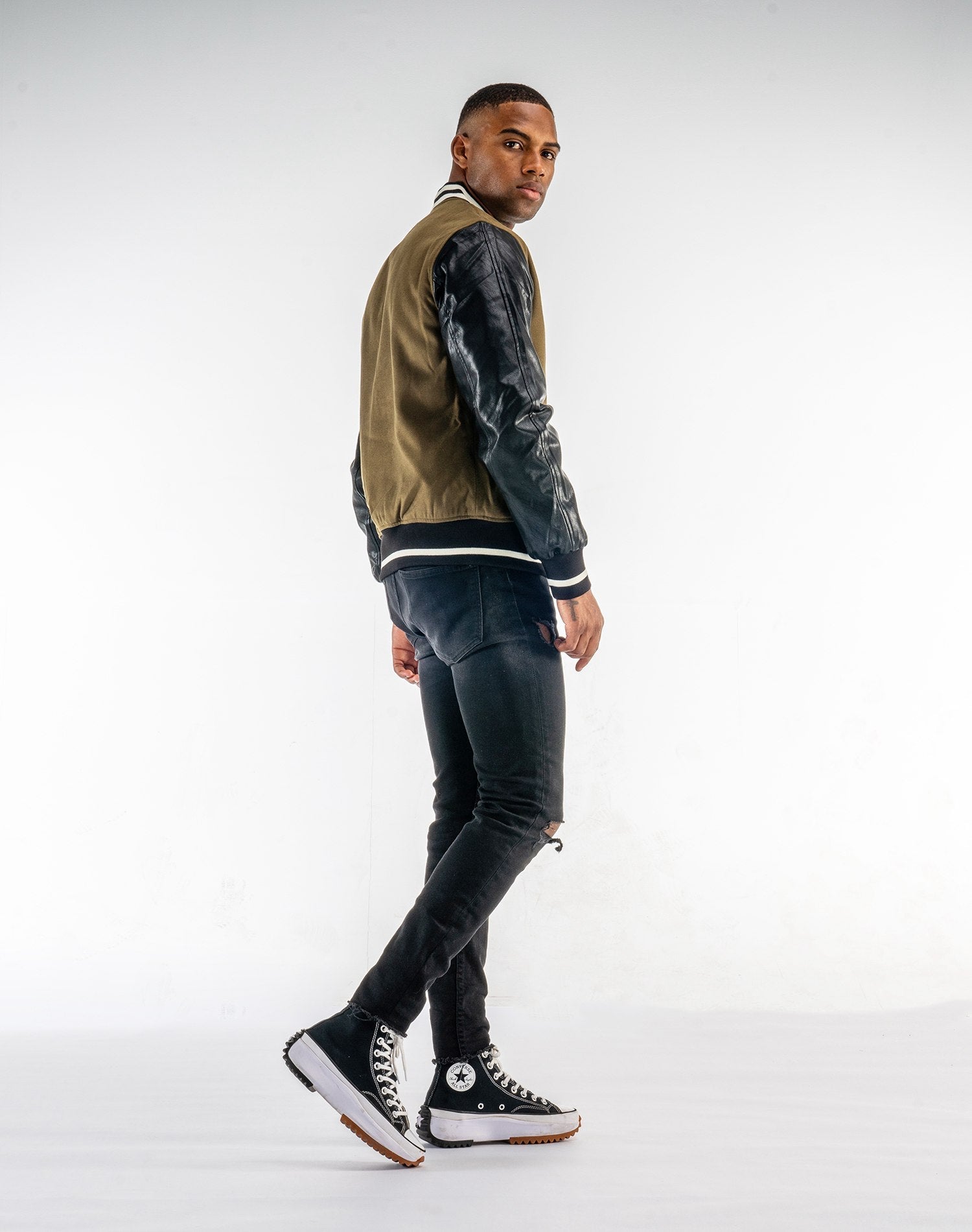 Chaqueta bomber de paño con manga de polipiel para hombreAbrigos / ChaquetasVerdeS