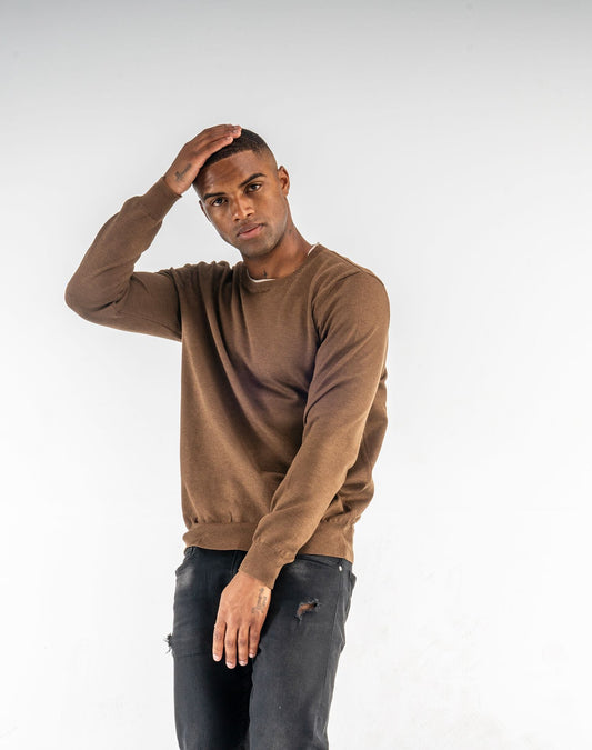 Jersey cuello redondo con diseño de costuras bicolorJerseisCamel tostadoM