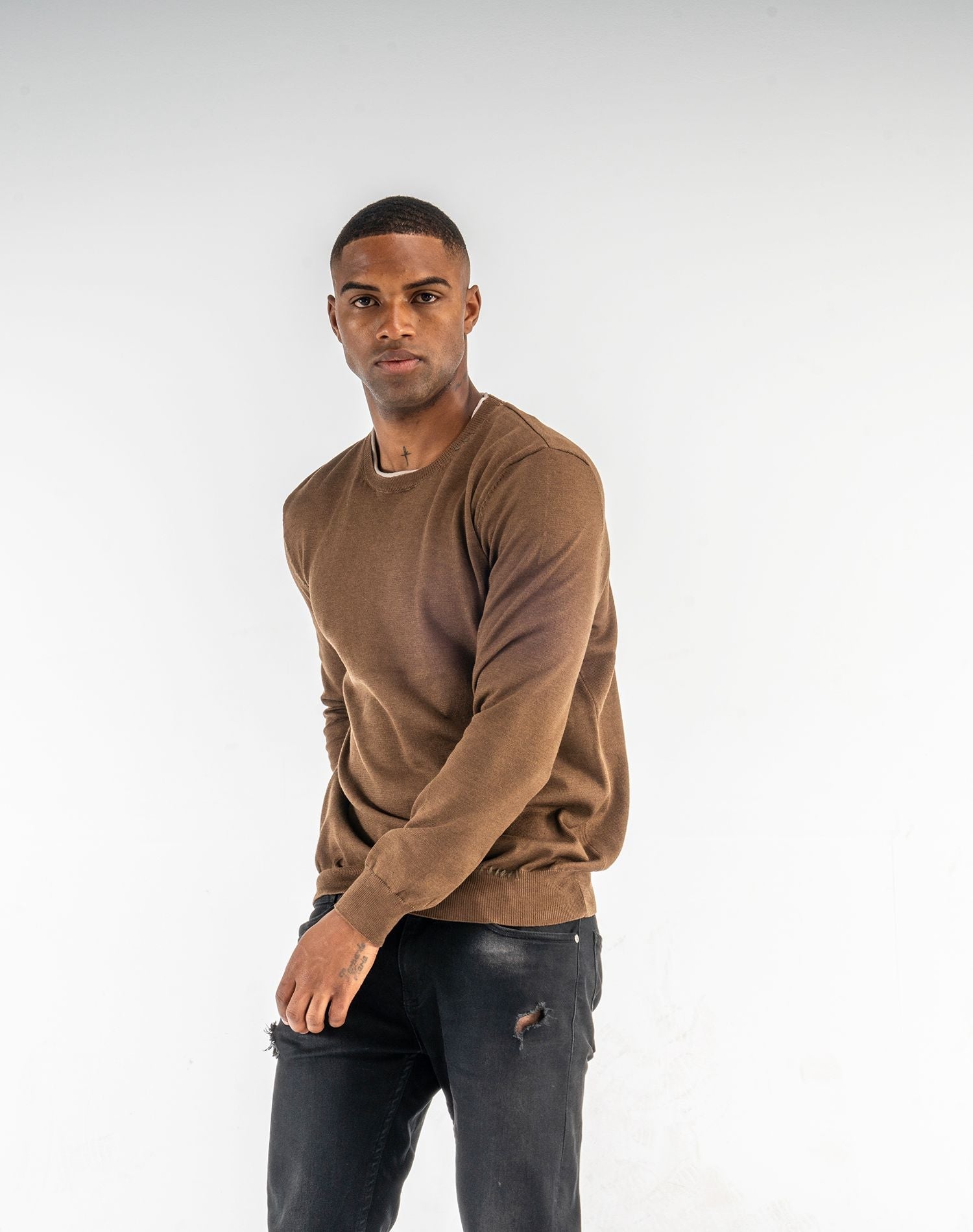 Jersey cuello redondo con diseño de costuras bicolorJerseisCamel tostadoM