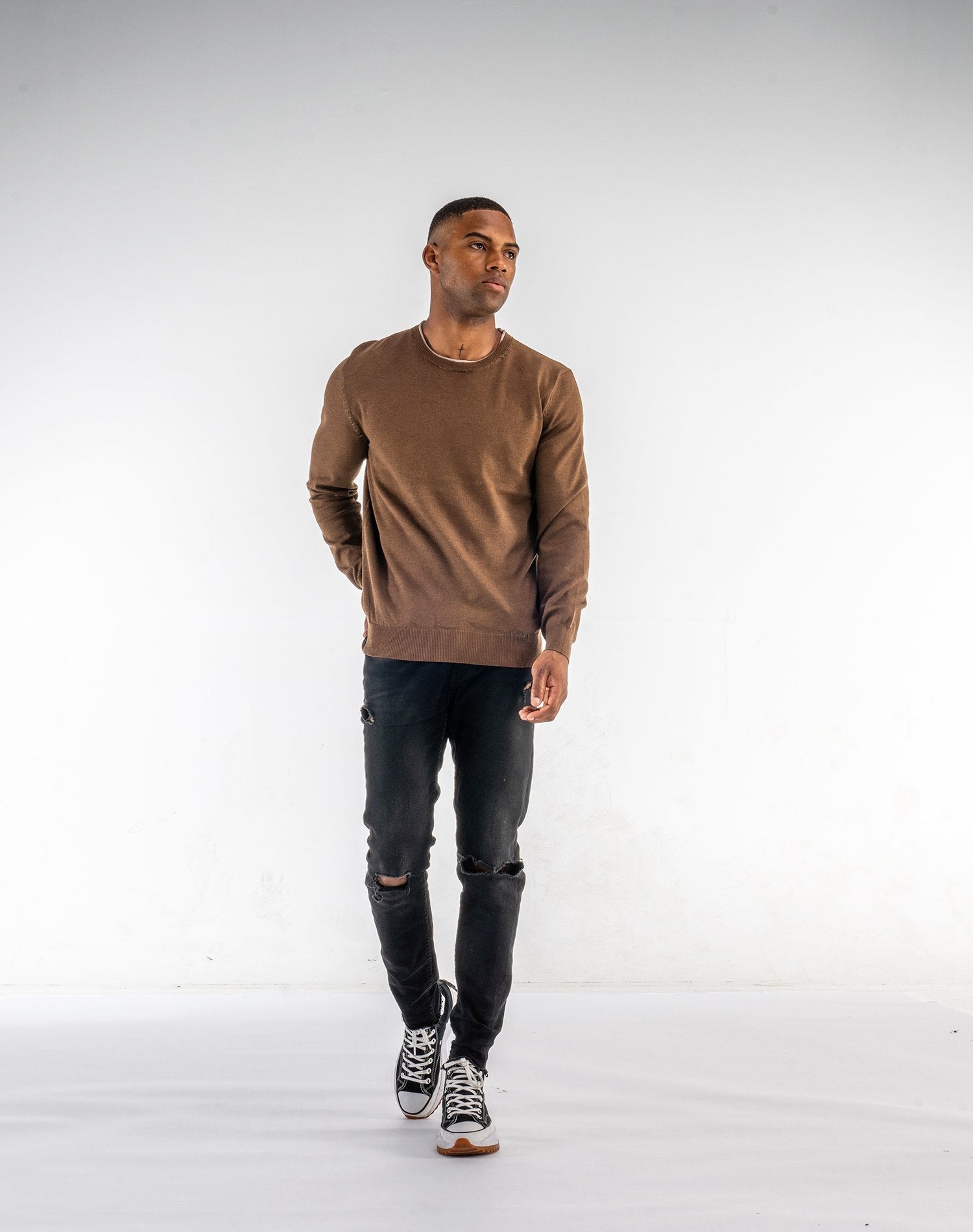 Jersey cuello redondo con diseño de costuras bicolorJerseisCamel tostadoM