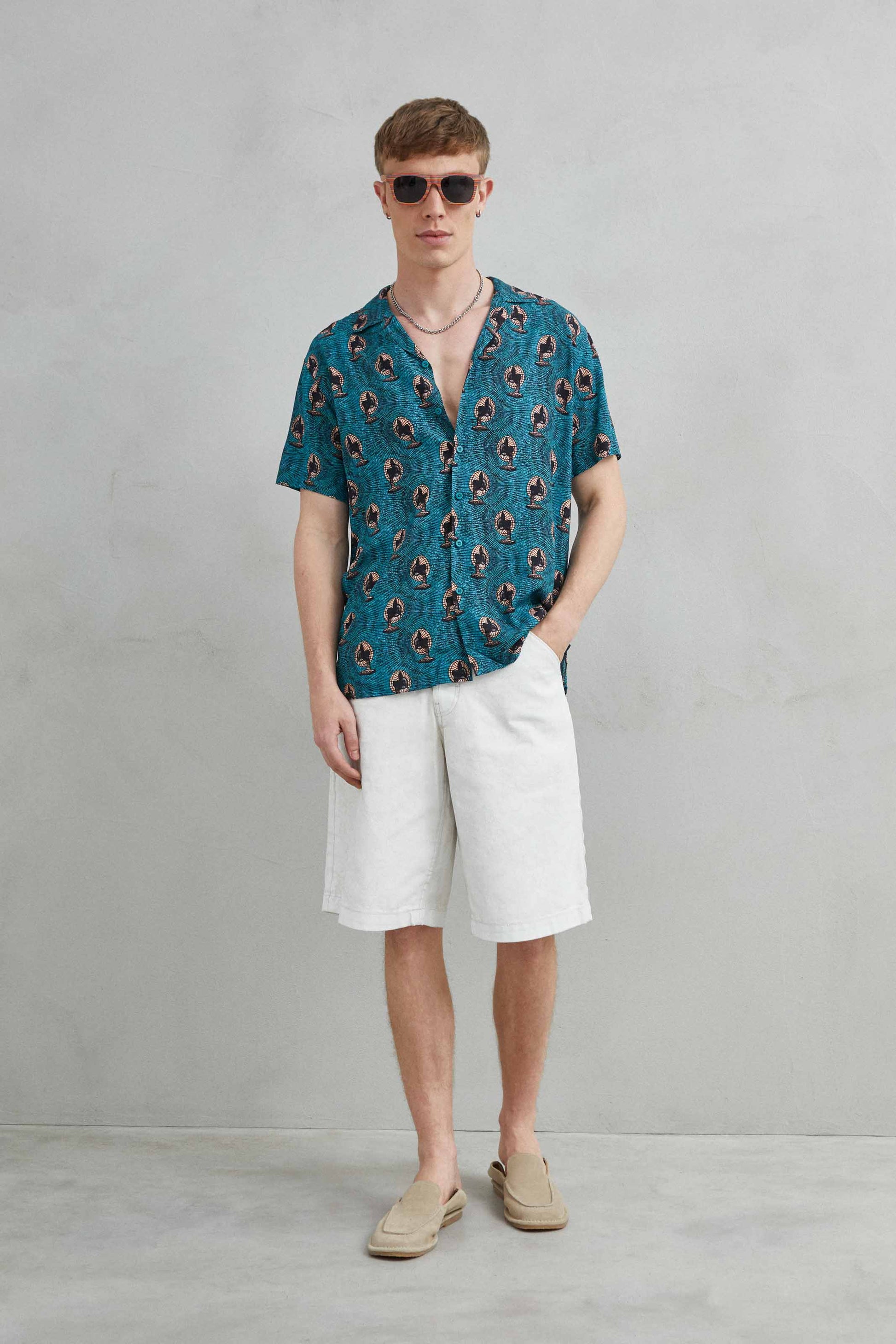 camisa casual retro de hombre manga corta estampada