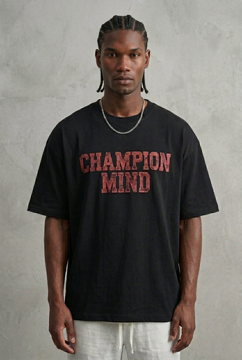 Vista frontal de camiseta negra CHAMPION MIND