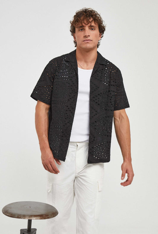 Camisa Negra Calada de Algodón – Regular Fit Hombre | Imperio