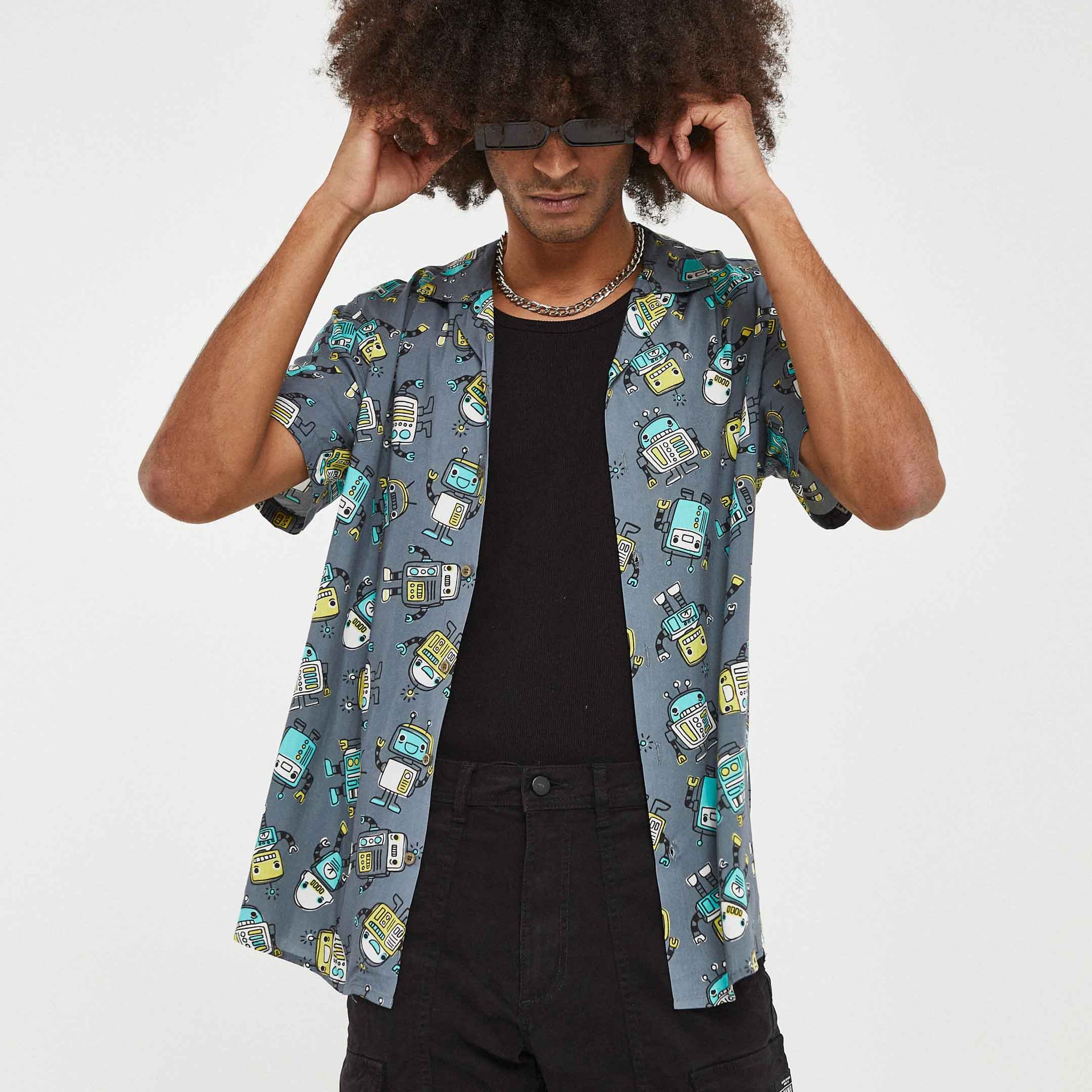 Camisa hawaiana gris de robot