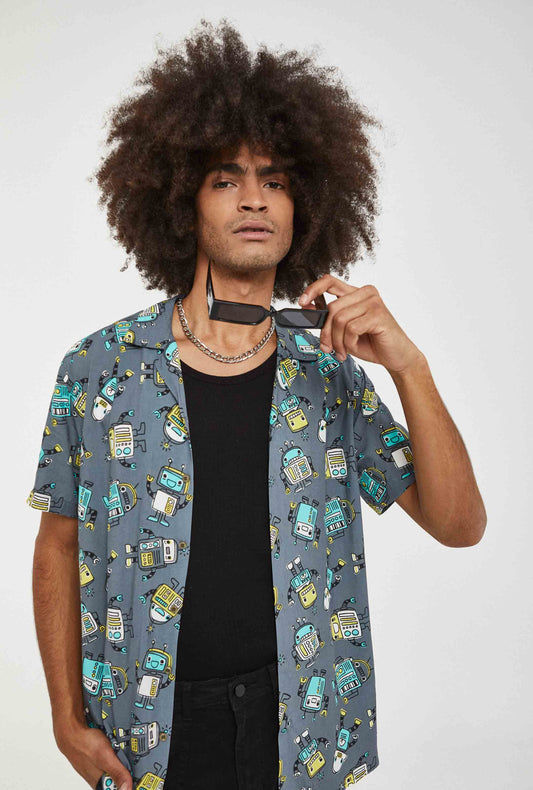 Camisa hawaiana gris de robot