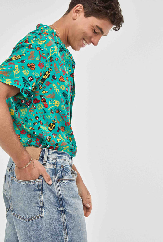 Camisa hawaiana verde de shanghai cultura asiatica