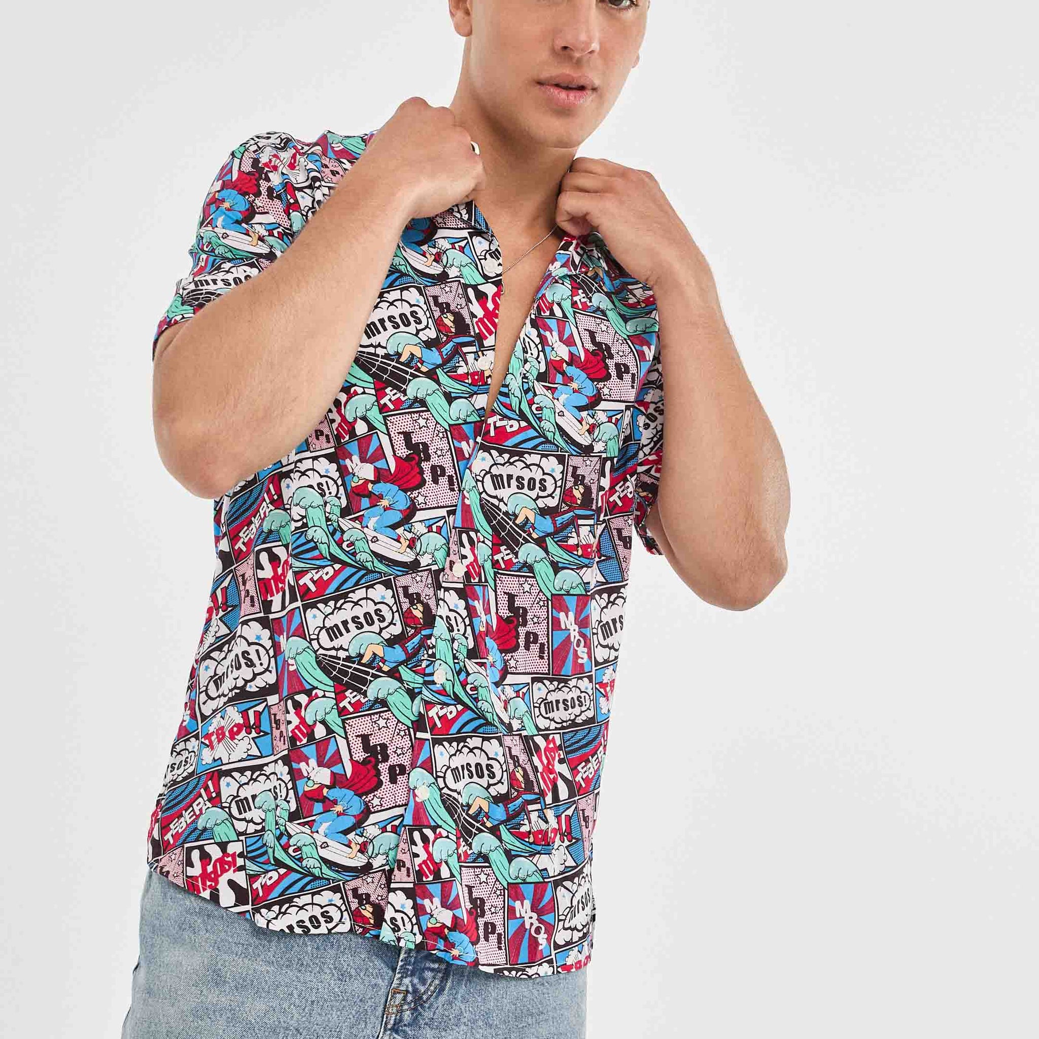 Camisa hawaiana azul de comics