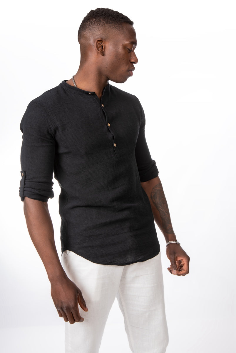Camisa polera de algodón estilo linoCamisas manga largaNegroS