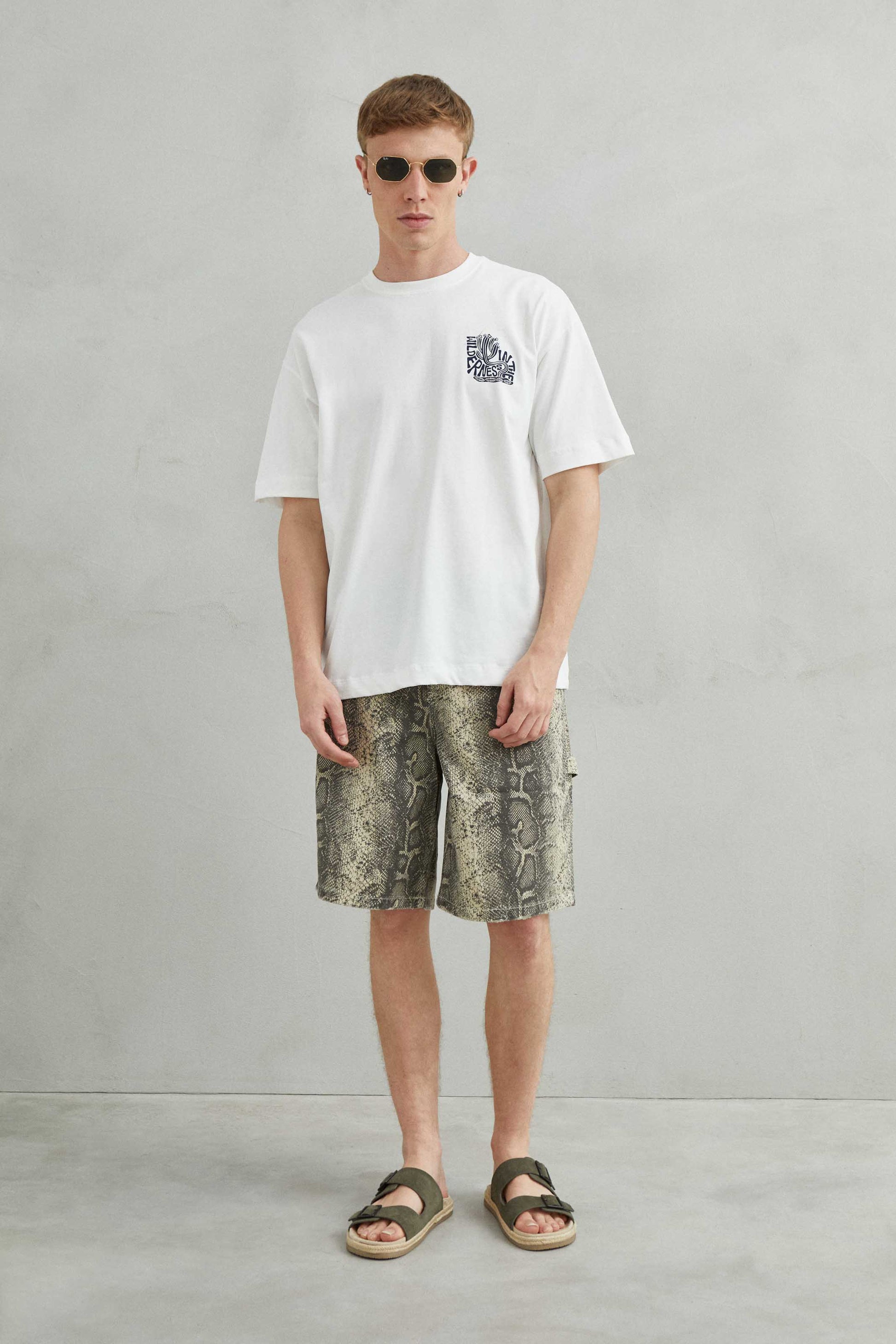 Vista frontal de camiseta blanca oversize unisex con diseño abstracto y cactus curvado