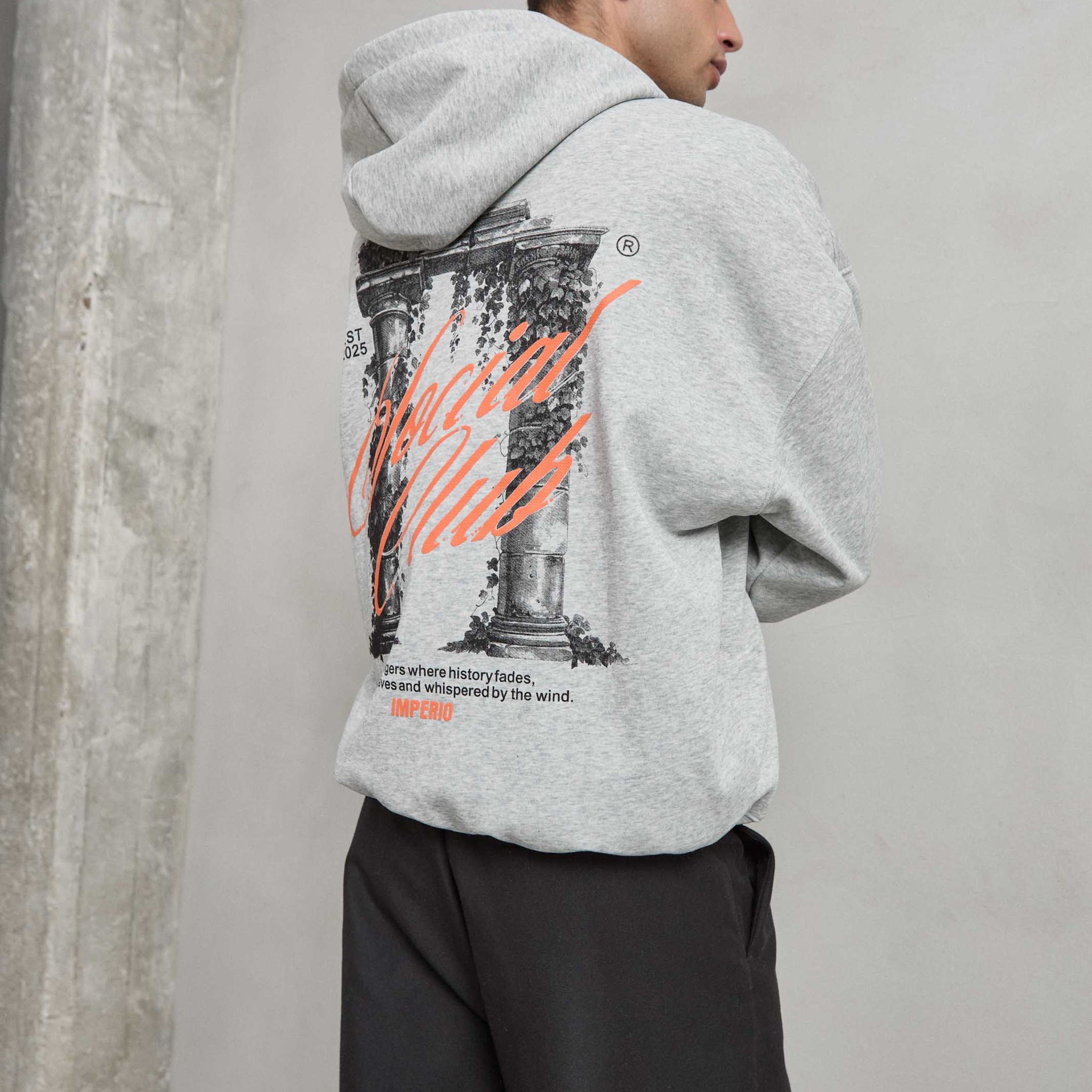 Detalle del gráfico de columna griega en la espalda de la sudadera