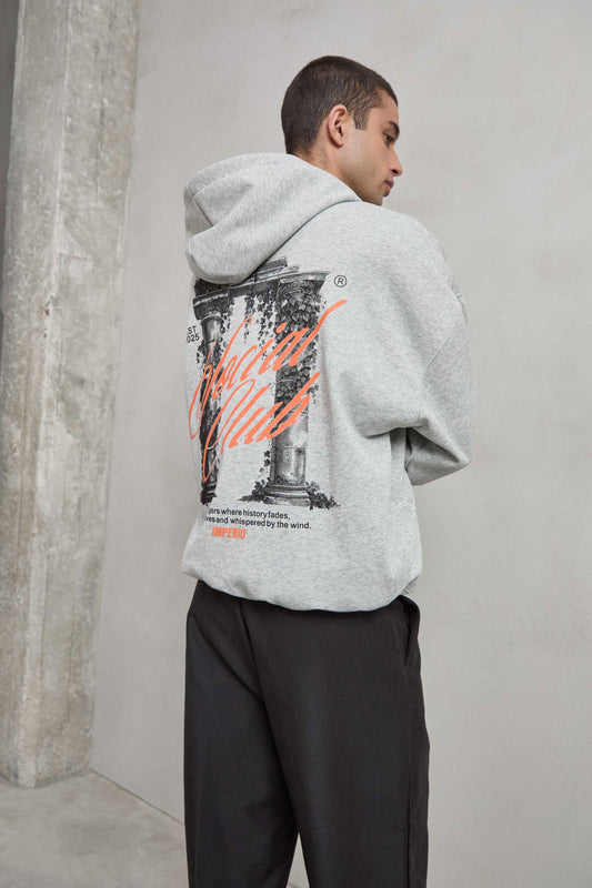 Detalle del gráfico de columna griega en la espalda de la sudadera