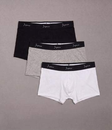 Pack de tres bóxers de hombre en negro, gris y blanco con cintura negra Imperio