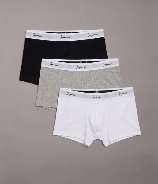 Pack de tres bóxers Imperio Corinto en negro, gris y blanco con cintura blanca