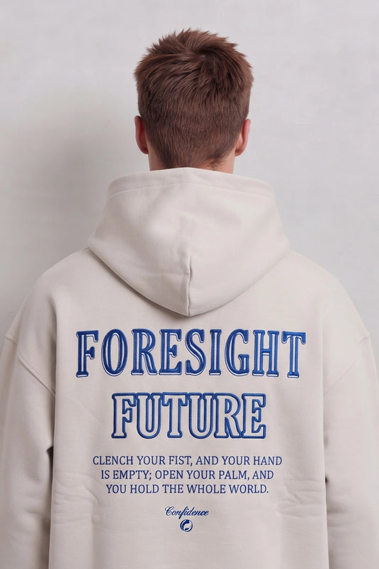 Espalda de sudadera beige con grandes letras azules Foresight Future