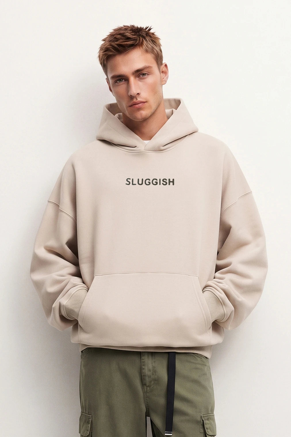 Sudadera beige oversize de hombre con capucha y texto Sluggish en el pecho, vista frontal