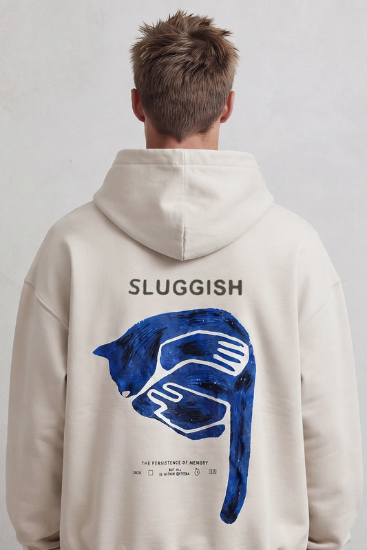 Espalda de sudadera beige Sluggish con gran ilustración de gato azul y líneas blancas
