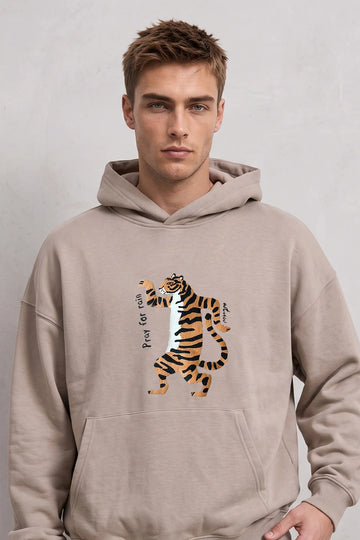 Sudadera beige oversize de hombre con capucha y gráfico frontal de tigre naranja y negro Pray for Rain