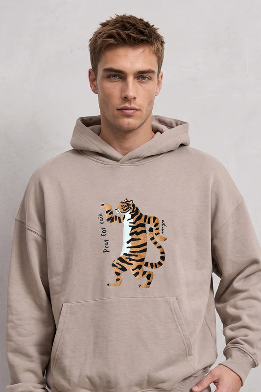 Sudadera beige oversize de hombre con capucha y gráfico frontal de tigre naranja y negro Pray for Rain