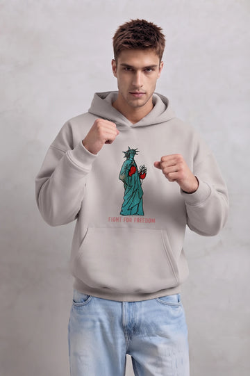 Sudadera gris claro oversize de hombre con capucha y diseño de la Estatua de la Libertad Fight for Freedom