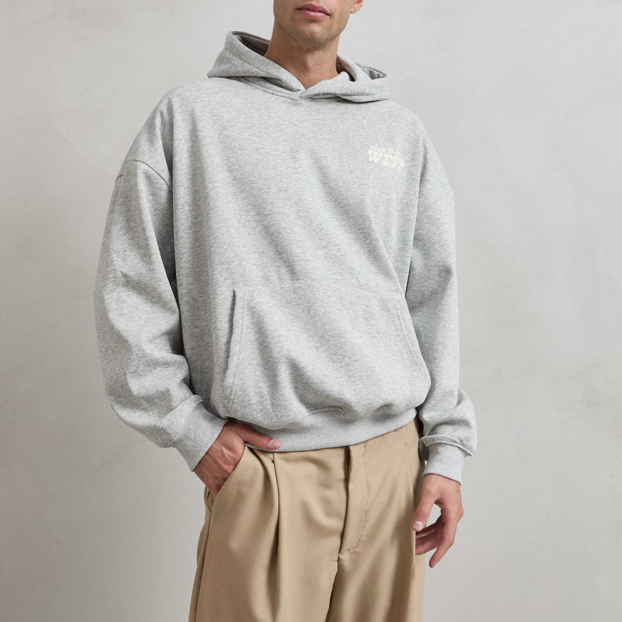 Sudadera gris jaspe con estampado delantero TIME TO GO WEST en serigrafía