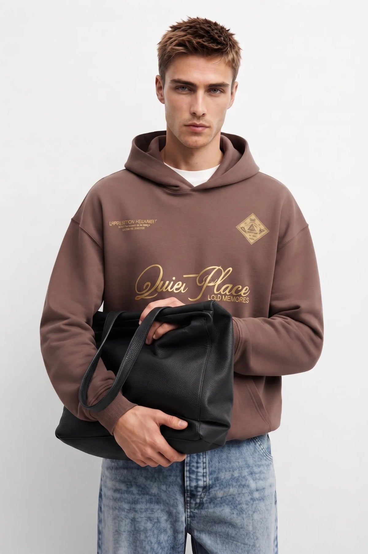 Vista frontal de sudadera marrón Quiet Place con letras y emblema geométrico color ocre