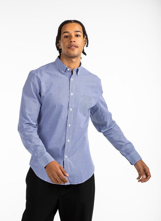 Camisa azul celeste de cuadros pequeños con bolsilloCamisas manga largaAzul claroS