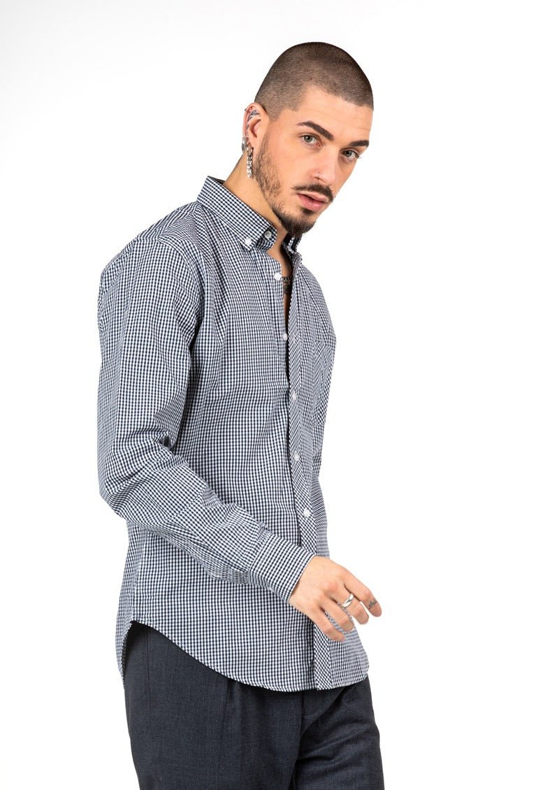 Camisa azul marino de cuadros pequeños con bolsilloCamisas manga largaAzul marinoS