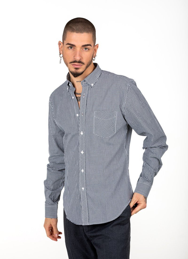 Camisa azul marino de cuadros pequeños con bolsilloCamisas manga largaAzul marinoS