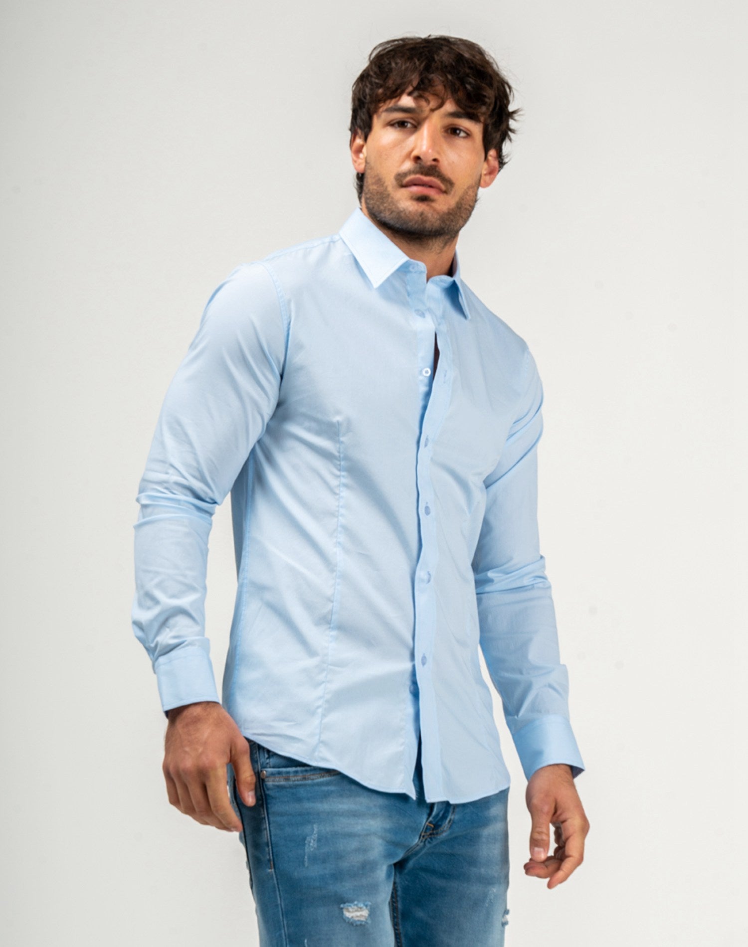 Camisa básica cuello camiseroCamisas manga largaAzul celesteS