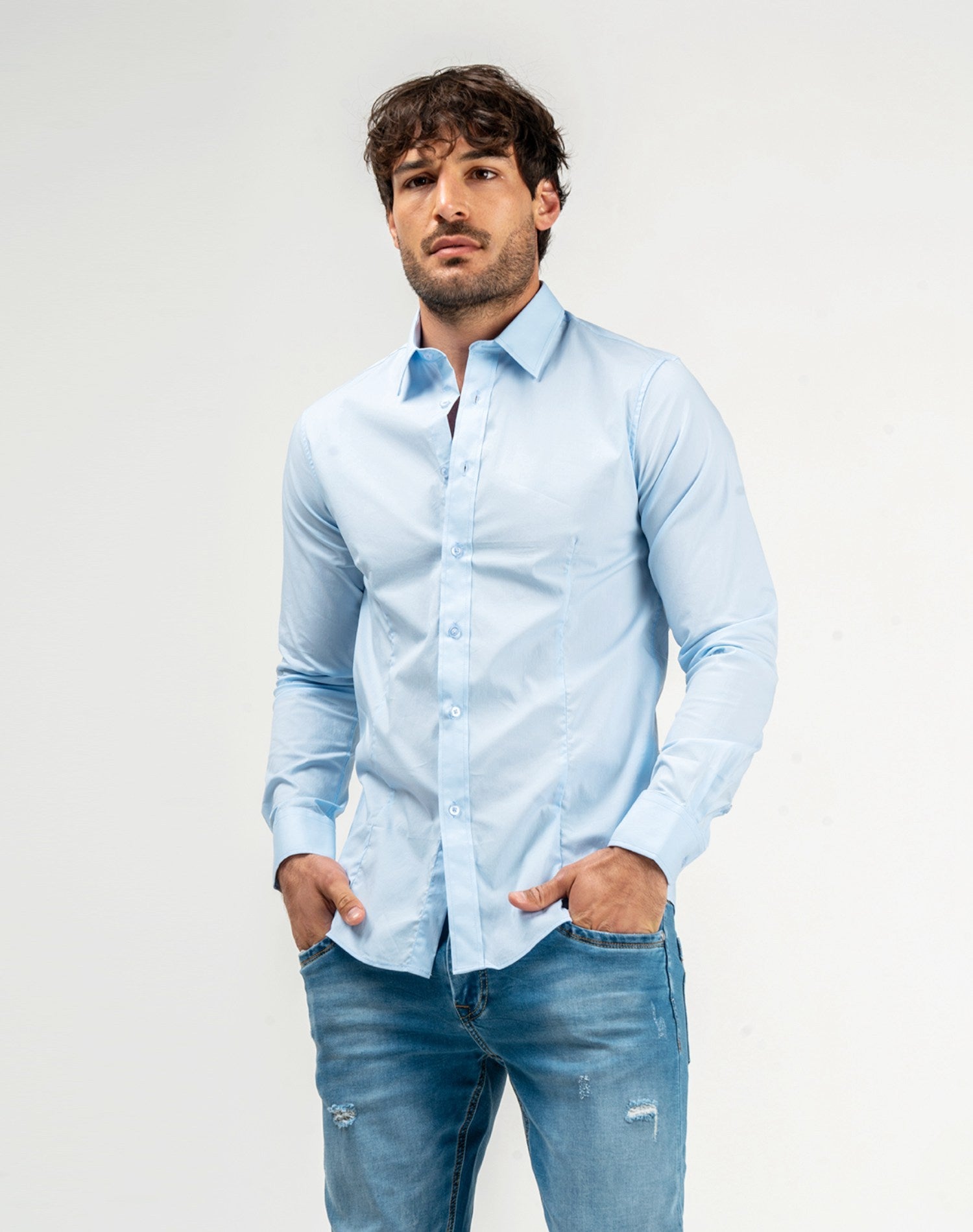 Camisa básica cuello camiseroCamisas manga largaAzul celesteS