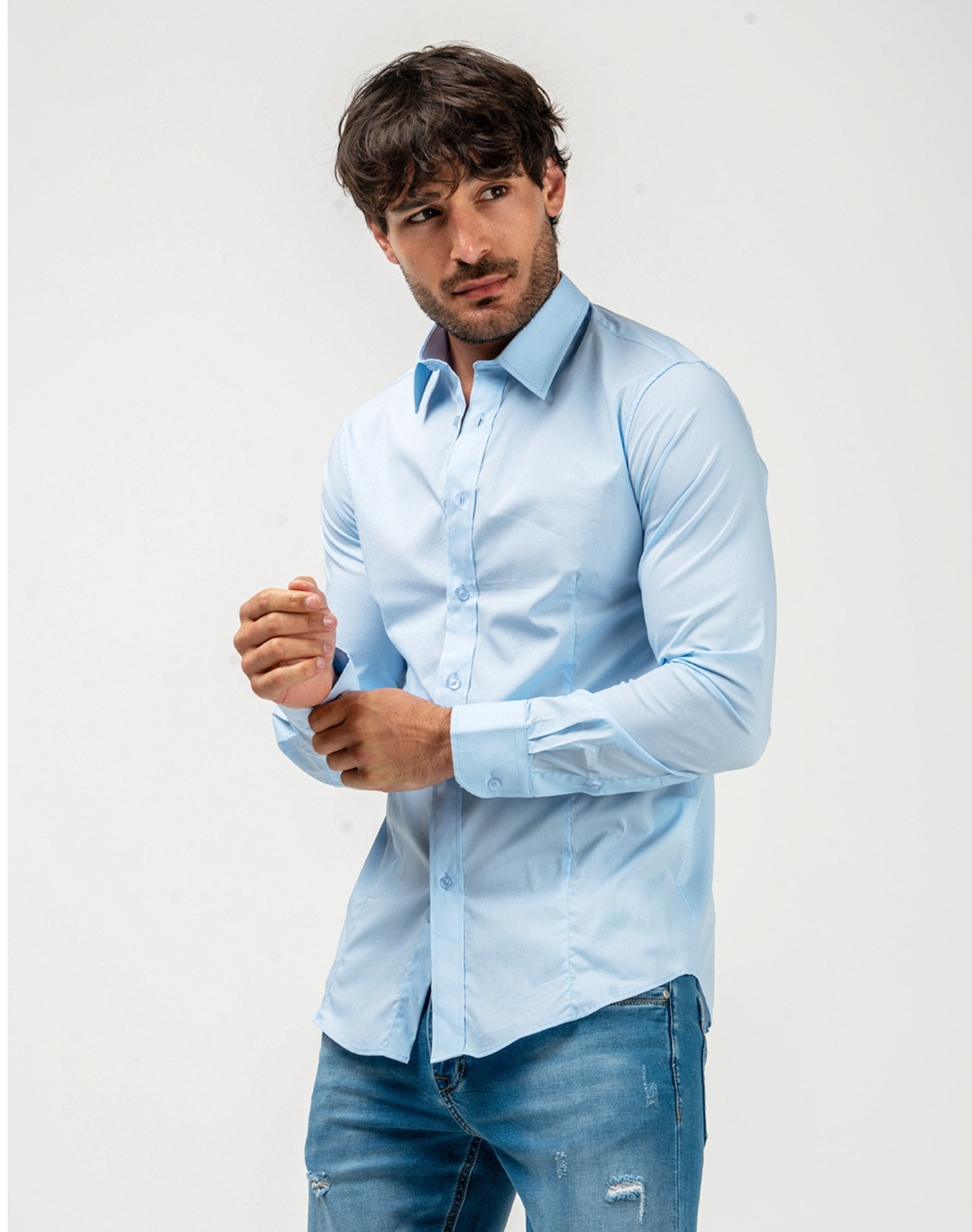 Camisa básica cuello camiseroCamisas manga largaAzul celesteS