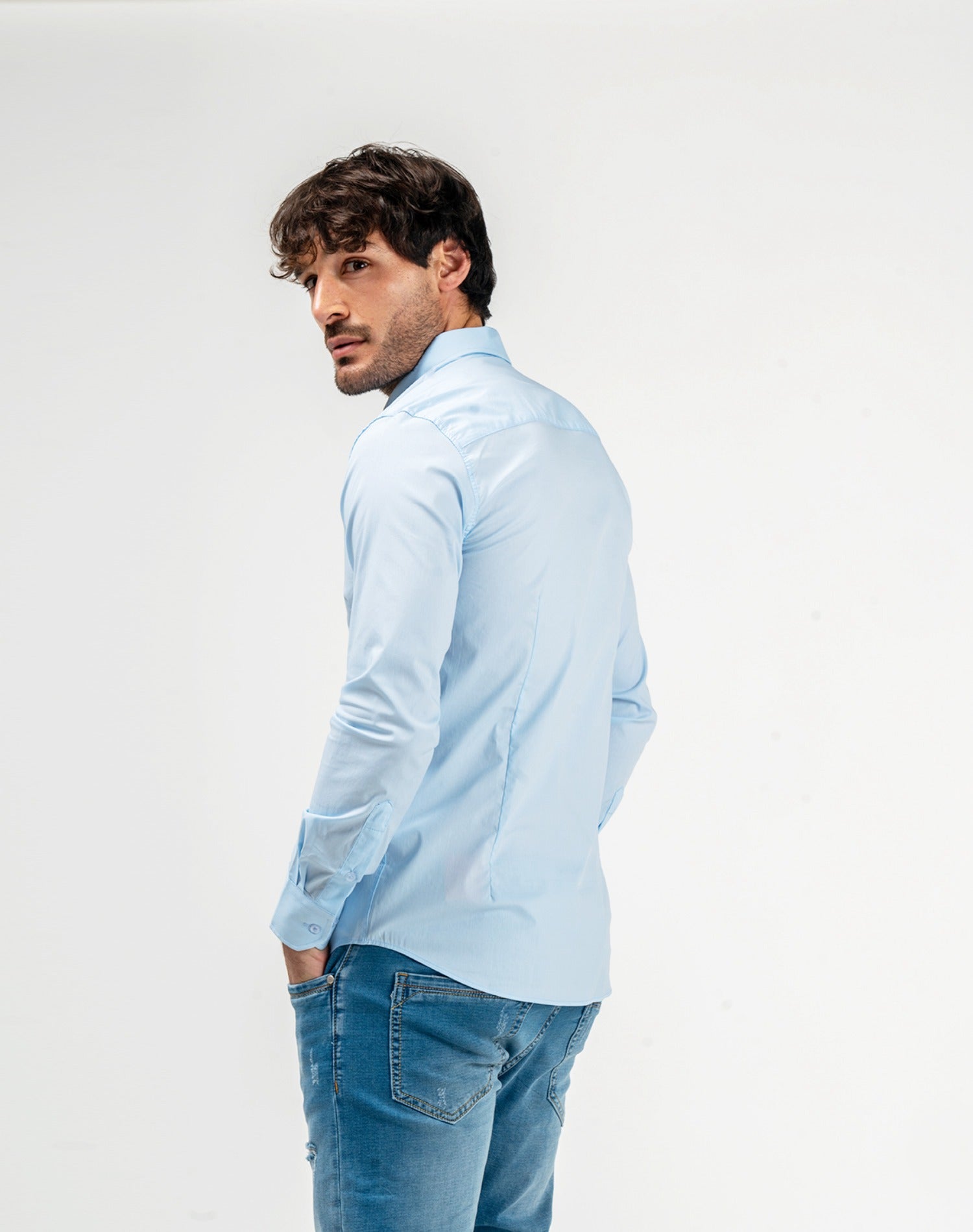 Camisa básica cuello camiseroCamisas manga largaAzul celesteS