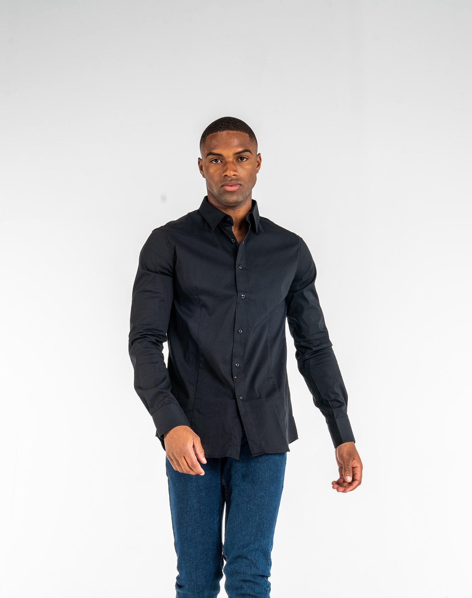 Camisa básica cuello camiseroCamisas manga largaNegroS