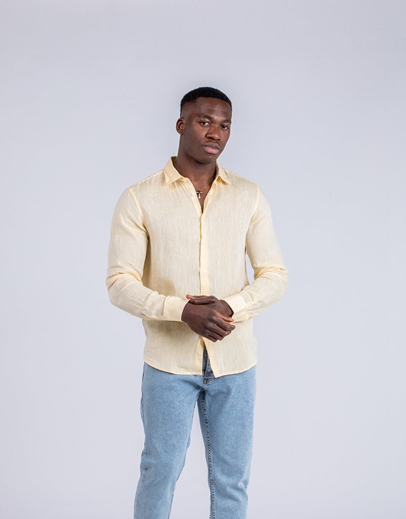 Camisa de lino amarilla cuello camisero básicoCamisas manga largaAmarilloS