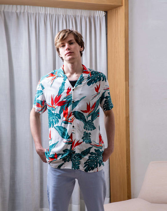 Camisa hawaiana de flores tropicalesCamisas manga cortaBlancoS
