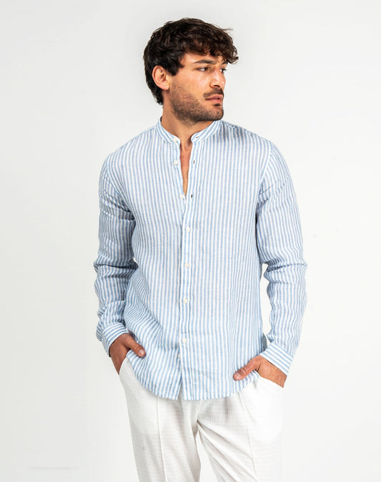 Camisa lino de rayas azul cuello maoCamisas manga largaAzulS