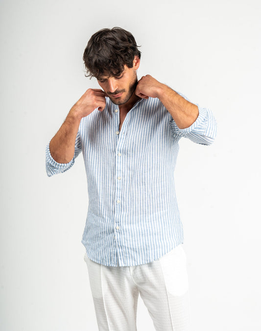 Camisa lino de rayas azul cuello maoCamisas manga largaAzulS