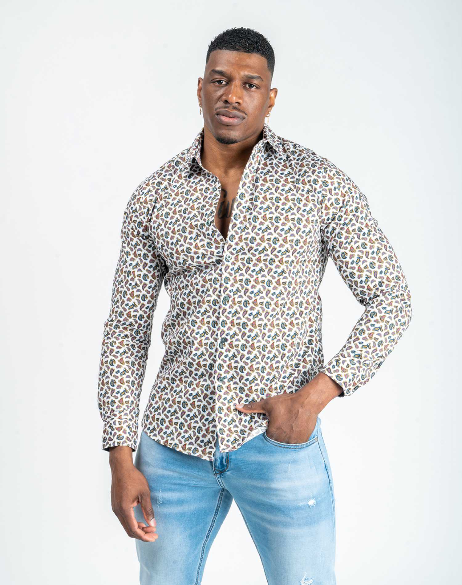 Camisa manga larga de cachemir para hombreCamisas manga largaBlancoS