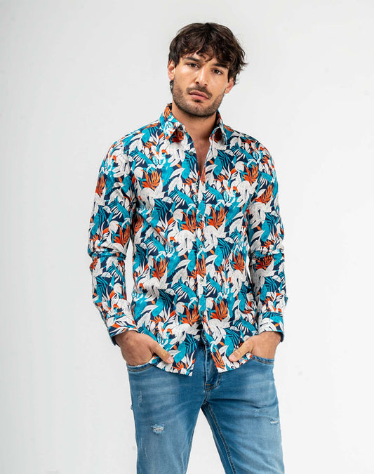 Camisa manga larga de flores para hombreCamisas manga largaAzulS
