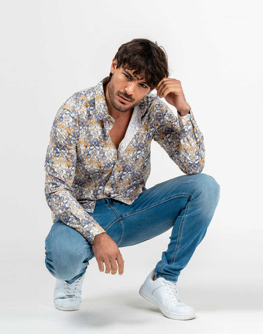 Camisa manga larga de flores para hombreCamisas manga largaBlancoS