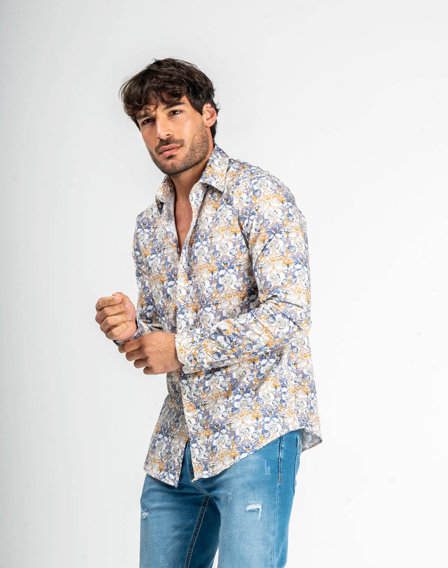 Camisa manga larga de flores para hombreCamisas manga largaBlancoS