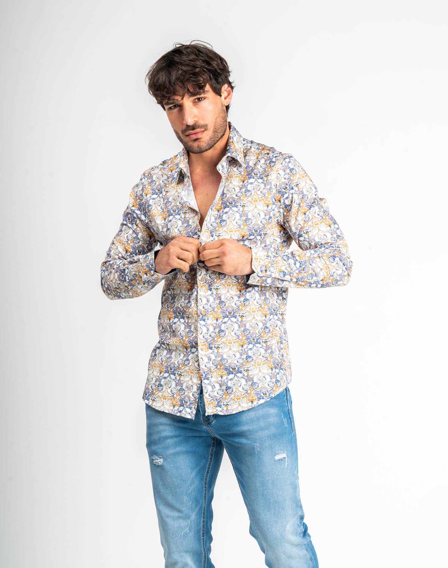 Camisa manga larga de flores para hombreCamisas manga largaBlancoS