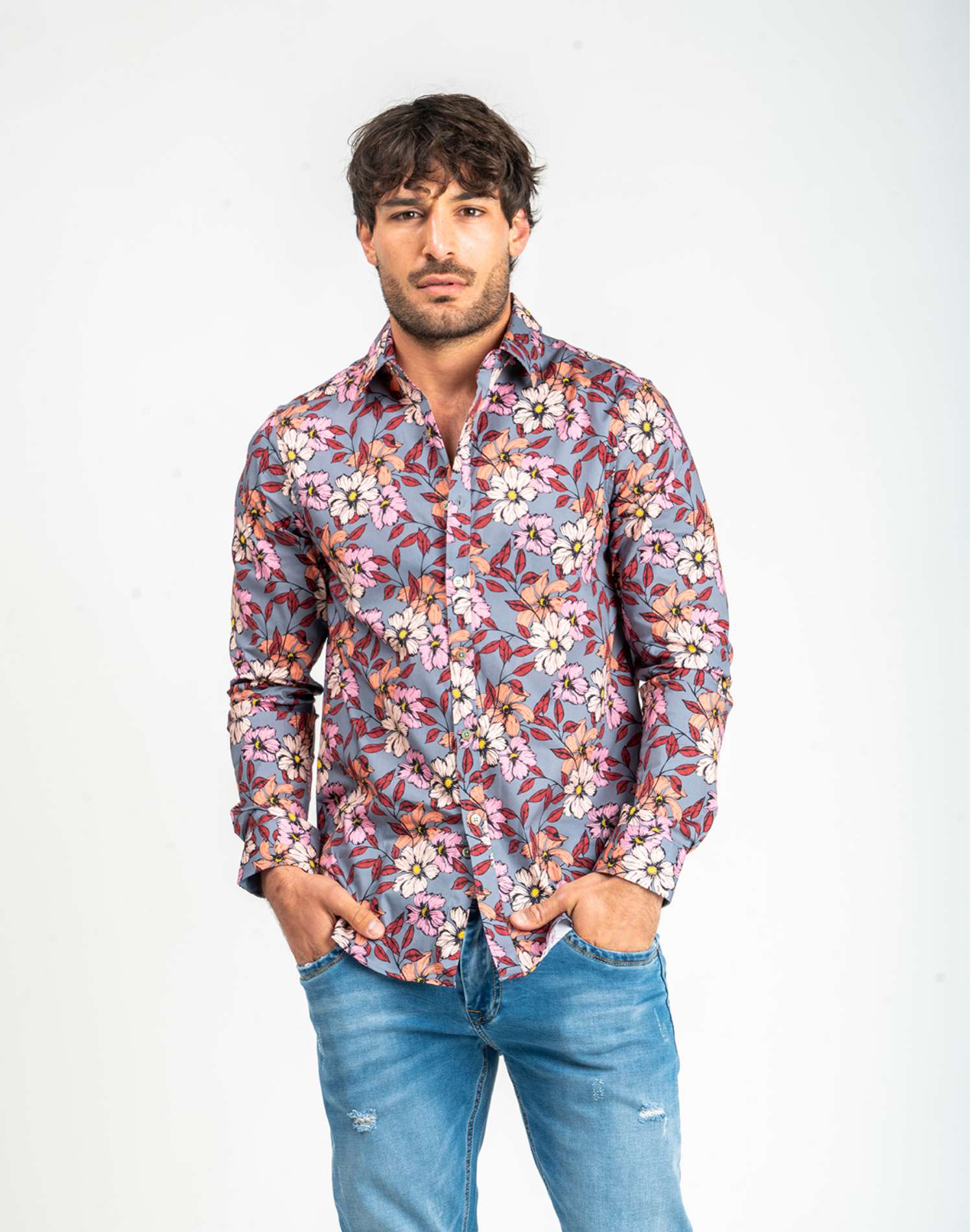 Camisa manga larga de flores para hombreCamisas manga largaGrisS