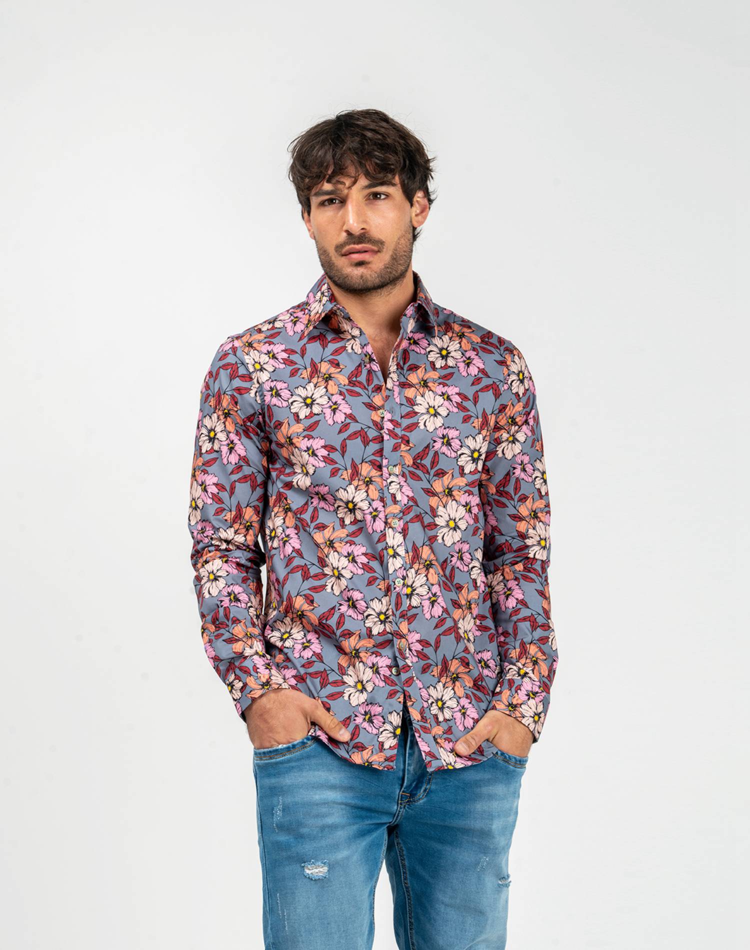 Camisa manga larga de flores para hombreCamisas manga largaGrisS