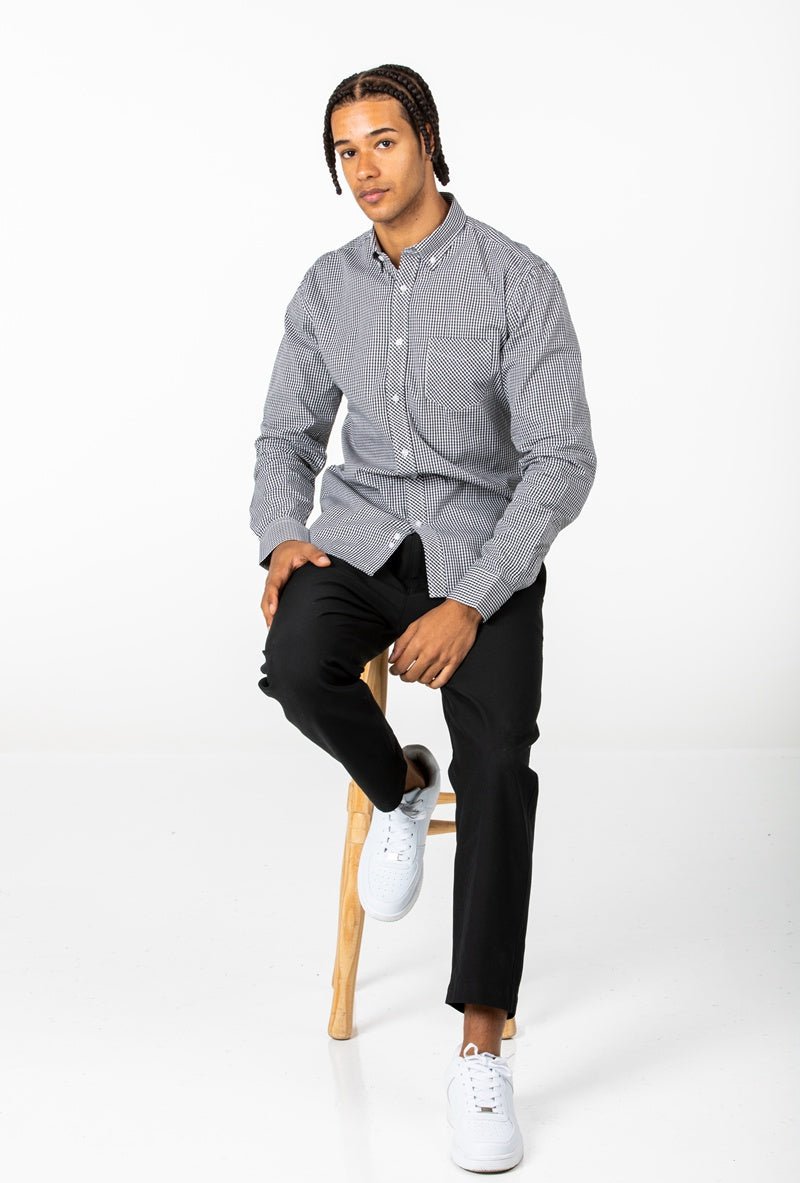 Camisa negra de cuadros pequeños con bolsilloCamisas manga largaNegroS