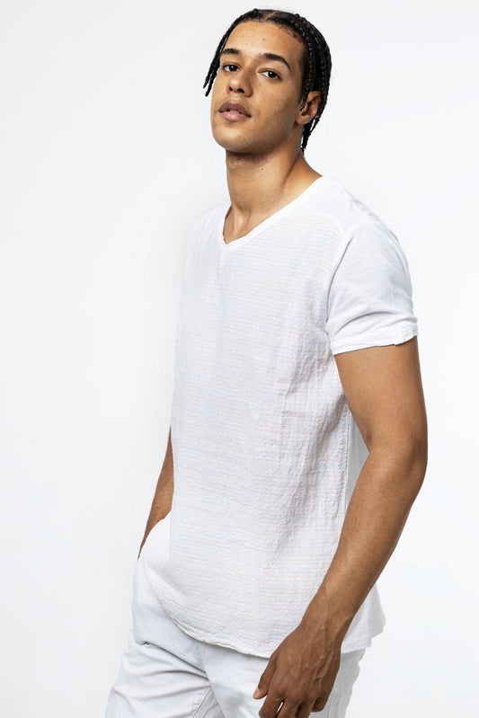 Camiseta algodón estilo lino cuello pico de rayas multicolorCamisetas manga cortaBlancoS